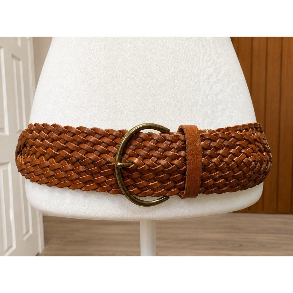 GAP Y2K Women's M Brown Genuine Leather Braided Woven Belt Brass Buckle